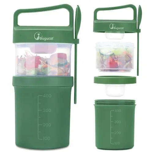 Produktbild: Bugucat Müslibecher to Go 560ml+360ml, Auslaufsicherer Joghurtbecher mit Löffel, Praktischer Müsli Cup für Kinder und Erwachsene, Müslibox für Arbeit, Schule, Fitness, BPA-frei Grün