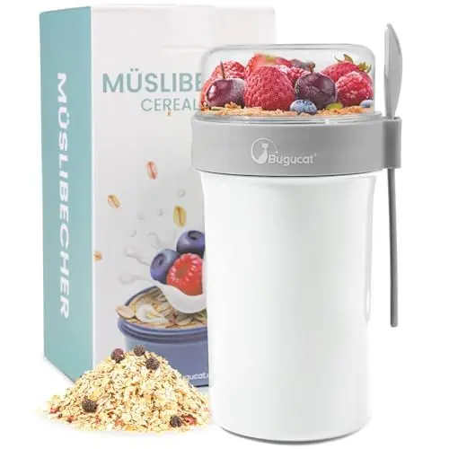 Produktbild: Bugucat Müslibecher to Go 760ml+230ml,Praktischer Joghurtbecher to Go Müsli to Go Becher mit Löffel,Auslaufsicherer Müslibecher Müsli Cup to Go Becher,Müslibox to Go Müsli Becher to Go kinder,Weiß