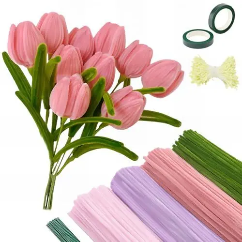 Produktbild: Bugucat Pfeifenreiniger Blumen Set, 400 Stück Pfeifenputzer zum Basteln 4 Farben Pipe Cleaner mit 30 Stück Grünem Basteldraht, Schleifenband & Blumen Staubblatt für DIY Blumenstrauß