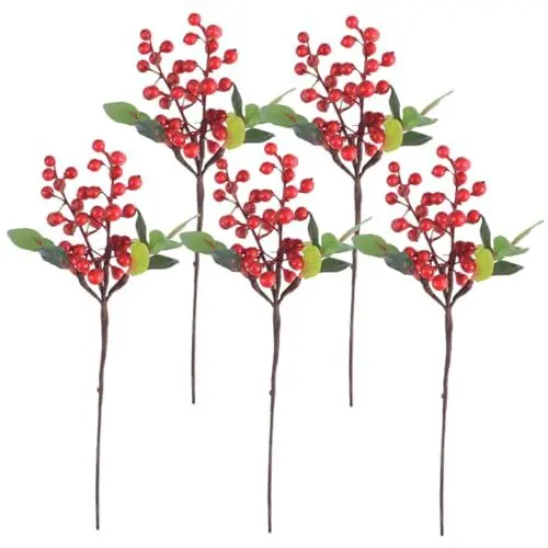 Produktbild: BUGUUYO Künstliche Beerenstiele Leuchtende Lebensechte Weihnachtsbeeren-Picks Stechpalmenbeeren Zweige Hochzeitsdekor