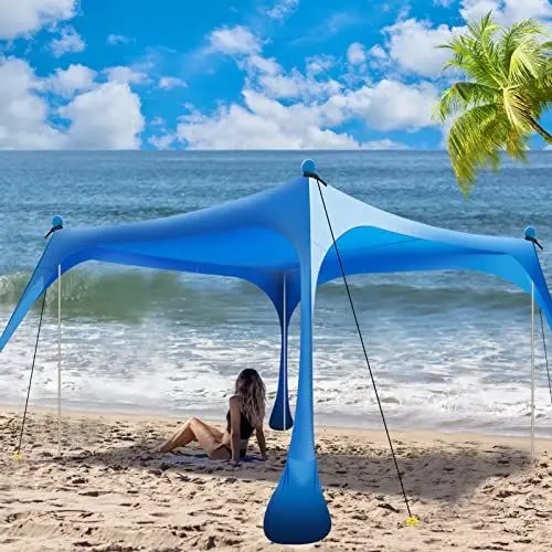 Produktbild: Buheco Strandzelt, Pop-Up-Schatten, 3 x 3 m, Strandüberdachung, Sonnenschutz, LSF 50+, mit 4 faltbaren Stangen, tragbare Tragetasche, Sandschaufel, Bodenheringe, winddichte Seile für Outdoor, Familie,