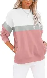 Produktbild: BUHIM Sweatshirt Damen Pullover Rundhals Langarmshirt Herbst Winter Farbblock Pulli Baumwolle Casual Langarm Oberteile Tops mit Taschen (A-Rosa, XL)