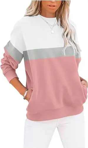 Produktbild: BUHIM Sweatshirt Damen Pullover Rundhals Langarmshirt Herbst Winter Farbblock Pulli Baumwolle Casual Langarm Oberteile Tops mit Taschen (A-Rosa, XL)
