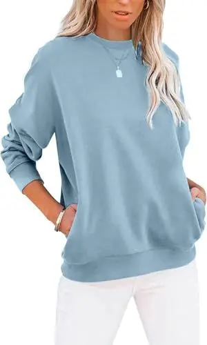 Produktbild: BUHIM Sweatshirt Damen Pullover Rundhals Langarmshirt Herbst Winter Pulli Baumwolle Casual Langarm Oberteile Tops mit Taschen (Blau, XL-2)