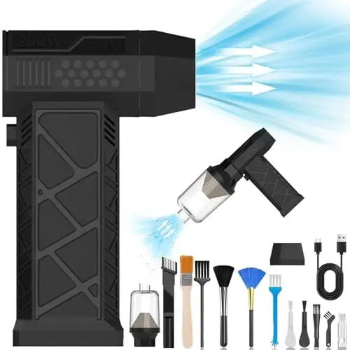 Produktbild: BUICXJKZ Elektrische Staubgebläse Druckluftspray, 2 IN 1 Compressed Air Duster, 4 Gang 130000RPM Akku Gebläse mit 4000mAh Akku, Reinigungsbürste und USB Schnellladung, für PC Reinigungsset, Auto, Sofa