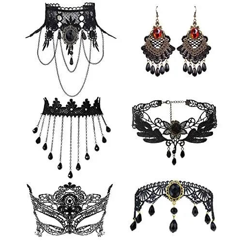 Produktbild: Bulckrew 7pcs Schmuckset Damen Choker Halskette Maske Ohrringe Set Spitze Kette Halsband Ohrhänger Kostüm für Halloween Party Cosplay