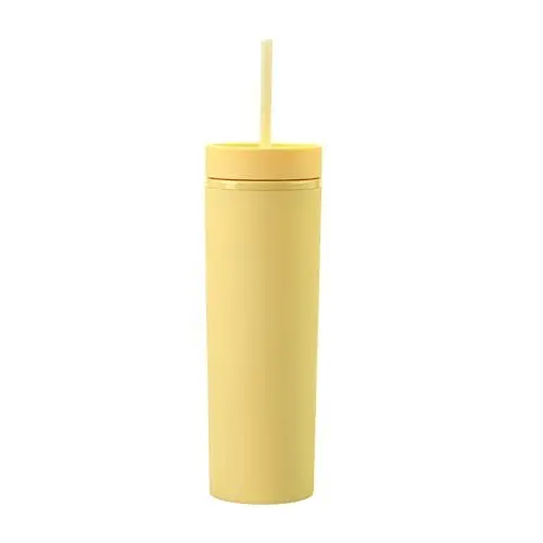 Produktbild: Bulckrew Becher mit Strohhalm und Deckel, 450ml Strohbecher Doppelwandige Acryl Trinkbecher Matt Wasserbecher, Gelb