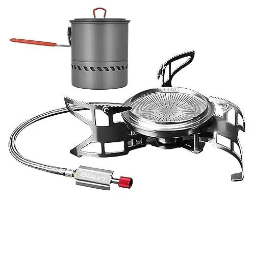 Produktbild: Bulin Gaskocher Set,Edelstahl Campingkocher 3800W,Mit 1.5 L Kochtopf Aluminium Camping Topfset Faltbar, 0.86KG,Kombinierter Einsatz ist Energiesparfunktion und Windbeständigkeit