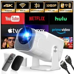 Produktbild: Mini Beamer, 4K FHD 1920x1080P 180°Dreh Tragbarer Projektor, Klein Videoprojektor Unterstützt 2.4/5G Dual WiFi und BT 5.0, mit Android und IOS Heimkino Smart Beamer Doppelsteuerung mit Maus, Weiß