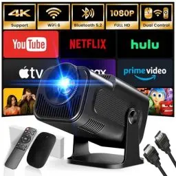 Produktbild: Mini Beamer, 4K FHD 1920x1080P 180°Dreh Tragbarer Projektor, Klein Videoprojektor Unterstützt 2.4/5G Dual WiFi und BT 5.0, mit Android und IOS Heimkino Smart Beamer Doppelsteuerung mit Maus, Schwarz