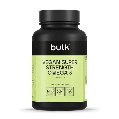 Produktbild: Bulk Extra Starke Vegane Omega 3 Weichkapseln, 1200 mg Algenöl, 384 mg DHA, 128 mg EPA pro Portion, hochdosiert, Vegan, 60 Kapseln