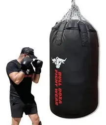 Produktbild: BULL DOZA FIGHT WEAR Riesiger, strapazierfähiger selbstbefüllbarer Boxsack – mit hängenden Ketten, Wirbel, Karabiner – für MMA, Kickboxen, Muay Thai, Kampfsport (Schwarz, XXL Jumbo Tank 4FT)
