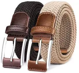 Produktbild: BULLIANT Elastischer Flechtgürtel 2er, Gürtel Herren Damen Stoffgürtel Geflochten Stretchgürtel Golfgürtel 35mm(Schwarz/Beige-115cm/36-40