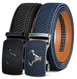 Produktbild: BULLIANT Gürtel Herren 2er, Gürtel Ratsche Automatikschließe Ledergürtel für Herren Verstellbar 35mm Breit mit Geschenkbox(Schwarz/Purpurblau-115cm/32-38