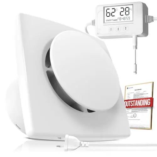 Produktbild: BUMSOU Badlüfter 100mm - Lüfter mit Feuchtigkeitssensor, Temperatursensor und Timer, Echtzeit Anzeige Feuchtigkeit und Temperatur Controller, Stark Lüftung und Leise Abluftventilator 100mm for WC P117