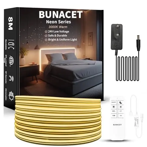 Produktbild: BUNACET LED Strip Warmweiss 8M 24V, Neon LED Streifen Dimmbar 3000K, Wasserdicht Neon Lichtband 960LEDs, Flexibel LED Band mit Fernbedienung und Netzteil, Silikon Lichtleiste für Innen Aussenbereich