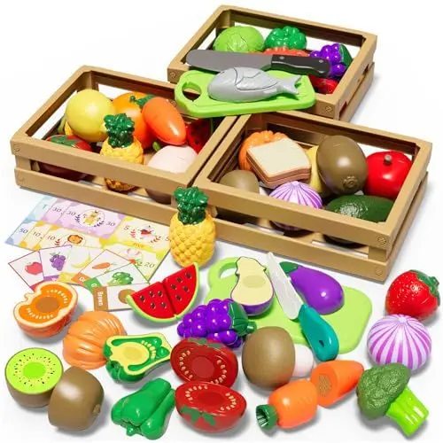 Produktbild: BunnyJOY Kinderküche Spielküche Zubehör, Spielküche Zubehör, Einkaufskorb Kinder, Kaufladen Zubehör, Kaufmannsladen Zubehör, Gemüse Obst Küchenspielzeug Mädchen ab 3 Jahren, Geschenke für Rollenspiele