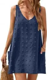 Produktbild: BUNSLOOM Damen Kleider Sommer Ärmellos Chiffon Mini Strandkleider V Ausschnitt Kurz Kleid Sommerkleid Mit Taschen