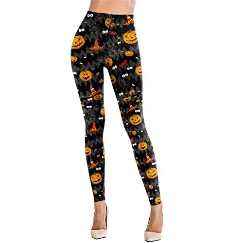 Produktbild: Bunte Bedruckte Motiv Leggings Halloween Geister Kürbis Schädel Muster Dehnbar Hose Yoga Strumpfhose Yogahosen Jogginghose Pants
