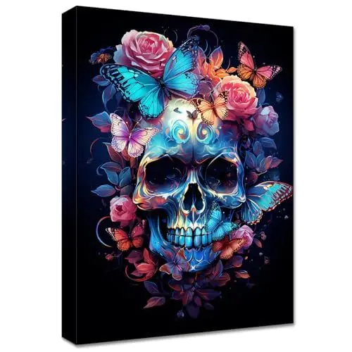 Produktbild: Bunte Blumen und Totenkopf Leinwand Bilder Mit Rahmen Schmetterling und Skelett Wandbilder Wandkunst bild auf Leinwand Malerei Galerie Korridor Schlafzimmer Badezimmer Wanddekoration 30x40cm