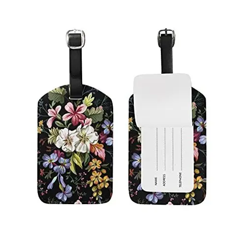 Produktbild: Bunte Schwarze Blume Kofferanhänger mit Adressschild Lustig Leder Gepäckanhänger ID Etikett mit Namenschild für Reise Koffer Tasche(3PACK)