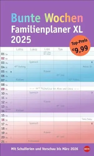 Produktbild: Bunte Wochen Familienplaner XL 2025: Familienkalender mit 6 Spalten. Praktischer Familien-Wandkalender mit Schulferien. Extra breiter Terminkalender. (Bunte Wochen Planer Heye)