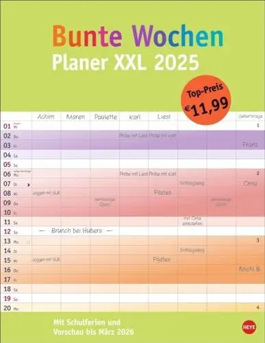 Produktbild: Bunte Wochen Planer XXL 2025: Praktischer Kalender 2025: 8 Spalten bieten Platz für Termine und Organisatorisches. Komplett mit Schulferien und ... Großes Format 34 x 44 cm (Bürokalender Heye)