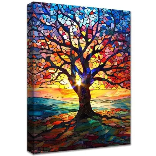 Produktbild: Bunter Baum des Lebens Leinwand Bilder Mit Rahmen Abstrakt Rot Gelb Blau Wandbilder Wandkunst bild auf Leinwand Malerei Bar Kaffeehaus Galerie Korridor Schlafzimmer Badezimmer Wanddekoration 30x40cm