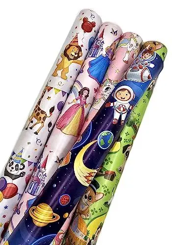 Produktbild: artwelten Home & Style Geburtstagspapier Kinder 5 Rollen Set 200 cm x 70 cm je Rolle Geschenkpapier Mädchen Jungen Blau Rosa Mops Hunde Kosmos Prinzessin Einhorn Pinkes Grünes