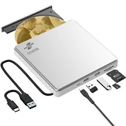Produktbild: BUNUD Externes CD DVD Laufwerk USB 3.0 Type-C LightScribe CD/DVD Brenner mit SD/TF & 2 USB, Optical Laufwerke für Laptop Mac Windows 11/10 MacBook PC iMac