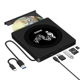 Produktbild: BUNUD Externes DVD Laufwerk, CD Laufwerk Extern USB 3.0 Externer DVD Brenner mit SD TF 2 USB Slots, Slim Portable Externes CD Laufwerk für Laptop MacBook PC Windows 11 Mac Desktop