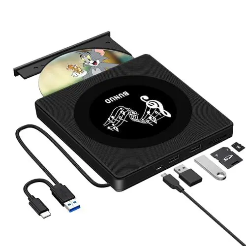 Produktbild: BUNUD Externes DVD Laufwerk, CD Laufwerk Extern USB 3.0 Externer DVD Brenner mit SD TF 2 USB Slots, Slim Portable Externes CD Laufwerk für Laptop MacBook PC Windows 11 Mac Desktop