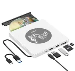 Produktbild: BUNUD Externes DVD Laufwerk, CD Laufwerk Extern USB 3.0 CD DVD +/- RW Brenner Player mit 2 USB SD/TF Ports, USB C Externes CD Laufwerk für Apple, Laptop, Windows 11, MacBook, Mac