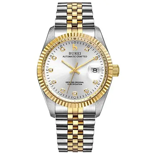 Produktbild: BUREI 38mm Automatik Uhr Herren Luxus Diamant Armbanduhr für Männer Mit Saphirglas Datumskalender (Gold Silber)