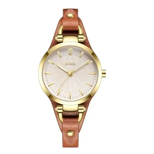 Produktbild: BUREI Uhr Demen Elegante Lederarmband Armbanduhr Damen Klassisch Analog Quarz Damenuhr Frauen(Gold braun)