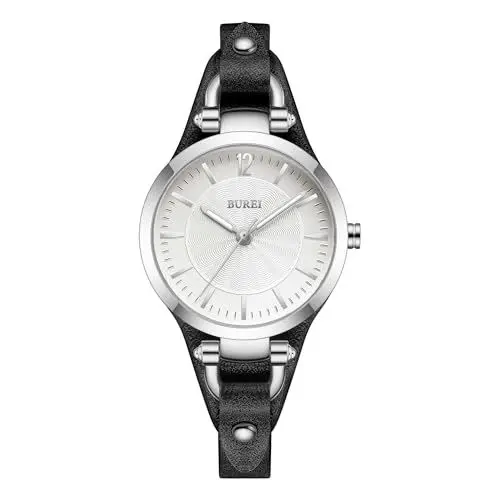 Produktbild: BUREI Uhr Demen Elegante Lederarmband Armbanduhr Damen Klassisch Analog Quarz Damenuhr Frauen(Silber Schwarz)