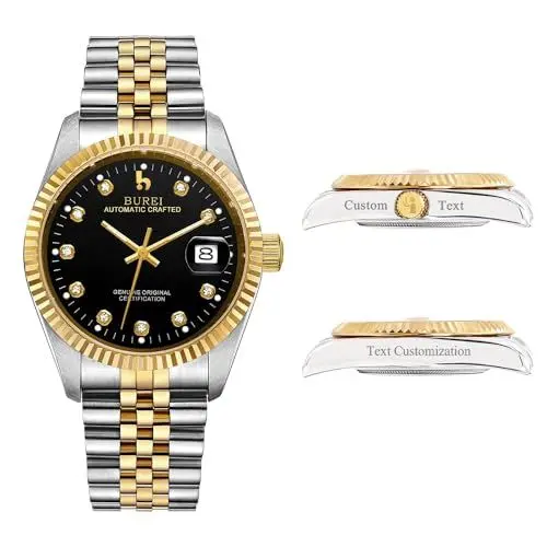 Produktbild: BUREI Herren Custom Uhren Personalisiertes Luxus -automatik -Armbanduhrgesschenk, Kalenderdatum Display Mit Saphirkristall -Strass -markern(Schwarzes Gold)
