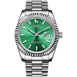 Produktbild: BUREI Herren Uhren Analoge Quarzuhr Grünes Zifferblatt Datumsanzeige Silber Edelstahlband Watch for Men