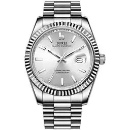 Produktbild: BUREI Herren Uhren Analoge Quarzuhr Silber Dial mit Datum Silber EdelstahlBand Watch for Men
