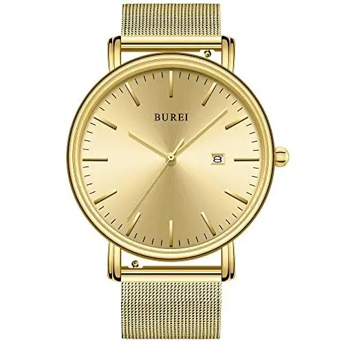 Produktbild: BUREI Ultra Dünne Uhren Herren Gold Analoges Datum Armbanduhr Herren mit Japanisches Quarzwerk, Geschenke für Männer