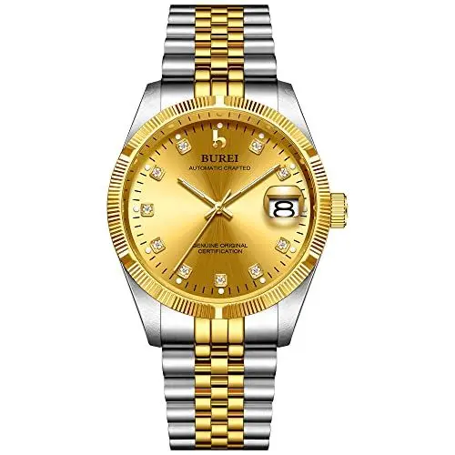 Produktbild: BUREI Luxus Herrenuhr mechanische Automatik Armbanduhr 24 Dial Analog Display Automatikuhr Lederband Edelstahlarmband Wasserdicht Stylish Armbanduhren (Golden)