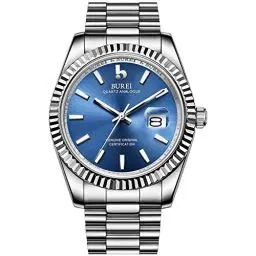 Produktbild: BUREI Luxus Herrenuhr Analog Quarzuhr Datumsanzeige mit Saphirglas Leuchtend und Edelstahlarmband (Blau Silber)