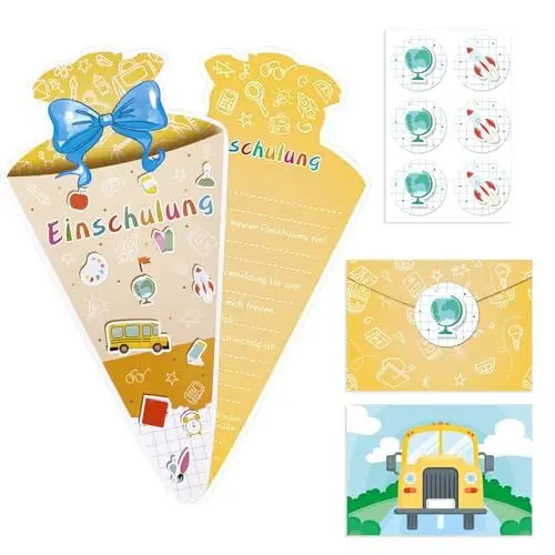 Produktbild: BURGEON 12 Stück Einschulung Einladungskarten Jungen Mädchen, Schulanfang Schulbeginn mit 12 Umschlägen, Zuckertüte Geformte Einschulung Karten für Kinder Junge und Mädchen Schulkind Einschulungsfeier