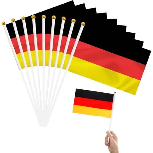 Produktbild: BURGEON Klein Deutschland Flagge,15pcs Deutschland Fahne 21x14 cm Em 2024 Deko, Deutsche Mini Handgehaltene Flaggen mit 30cm Weißem Pole für Fußball EM WM Euro Olympische Hausgarten Party Bar Deko