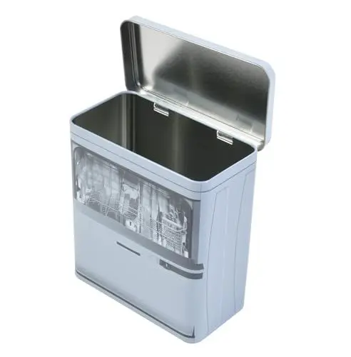 Produktbild: BURI Geschirrspülmittelbox aus Metall 16x8x18cm Aufbewahrungsbox mit Deckel Aufbewahrungsdose Aufbewahrung Küche Zubehör Blechdose mit Motiv Metalldose Dose Gefäß Behälter Geschirrspültabs, Farbe:Weiß
