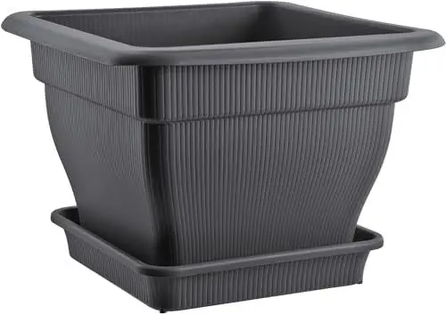 Produktbild: BURI XL Pflanzkübel Blumentopf 48x48x35cm mit Wasserspeicher und Untersetzer - 33 Liter Pflanztopf gegen Staunässe anthrazit, terakotta UV-stabil, frostsicher, robust (anthrazit)