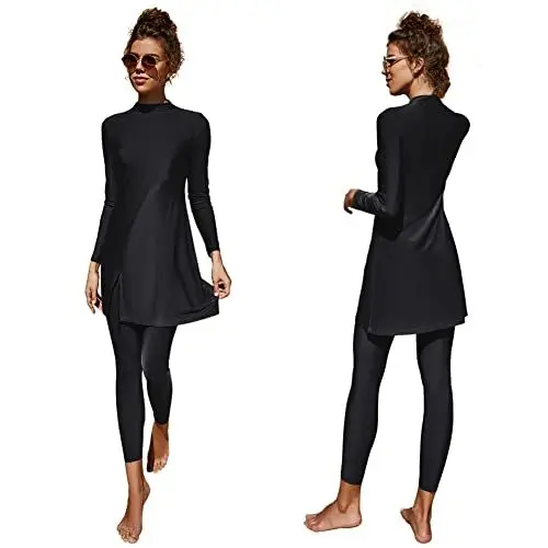 Produktbild: Burkini Damen Muslim Frauen Muslimische Badeanzug Full Cover Schwimmanzug Islamisch Arabisch Jilbab Langarm Schwimmoberteile Built in Bra+Schwimmhose 2tlg Ganzkörper Modest Bademode 7#Schwarz S