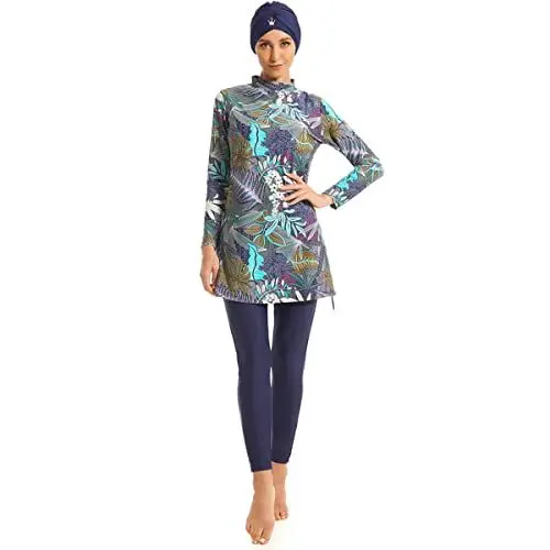 Produktbild: Burkini Damen Muslim Frauen Muslimische Badeanzug Modest Bademode Islamisch Arabisch Jilbab Langarm Schwimmoberteile Built in Bra+Schwimmhose+Hijab 3tlg Full Cover Schwimmanzug Navy Blau Blätter 3XL