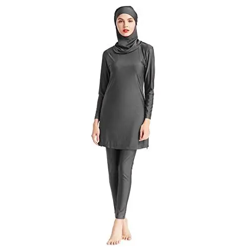 Produktbild: Burkini Damen Muslim Lang Große Größen Frauen Muslimische Badeanzug Bademode Islamische Arabische Jilbab Langarm UV Shirt+Badehose+Badekappe Hijab Kopftuch Khimar 3tlg Schwimmanzug Grau L