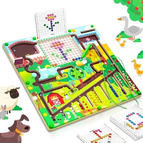 Produktbild: BURMONG Montessori Spielzeug ab 3 Jahre, Magnetspiel Labyrinth Spielzeug, Holzspielzeug Zahlen und Farben Lernspielzeug Motorikspielzeug ab 3 4 5 6 Jahre, Geschenk für Kinder Jungen Mädchen